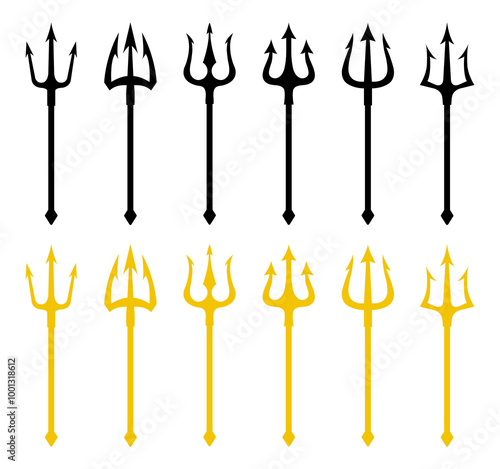 Trident vector icon set in black and yellow color. Set of black and yellow silhouettes of trident on a white background. Neptune trident. Design element for logo, label, sign, poster. Vector icon.