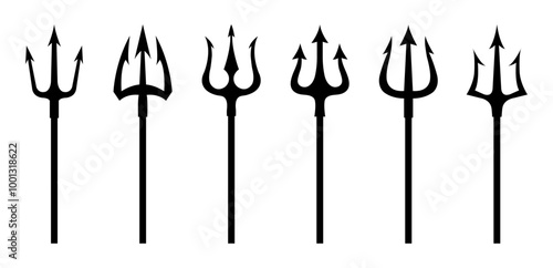 Trident vector icon set. Set of black silhouettes of trident on a white background. Neptune trident. Design element for logo, label, sign, poster. Vector illustration.