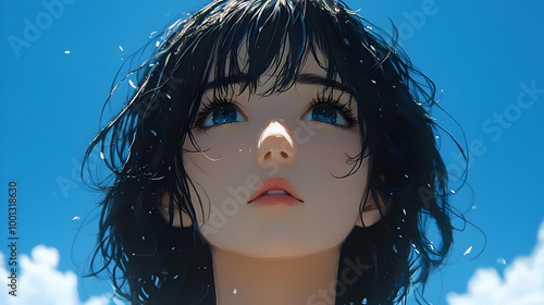 Anime Girl with Blue Eyes Looking Up at the Sky