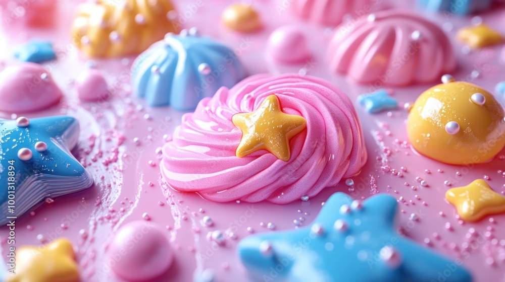 Colorful sweets with stars and pearls on a pink surface. Colorful sweets with stars and pearls on a pink surface.