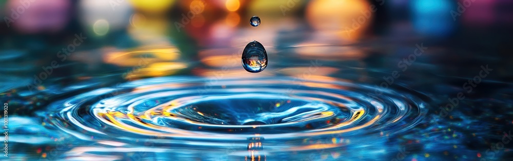 Water droplet collision with ripples and colorful reflections Water droplet collision with ripples and colorful reflections