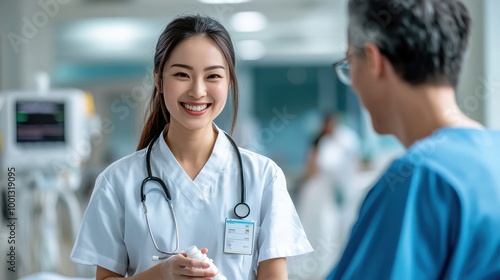 Compassionate Hospital Care: A Nurse and Doctor Consult with a Patient. photo