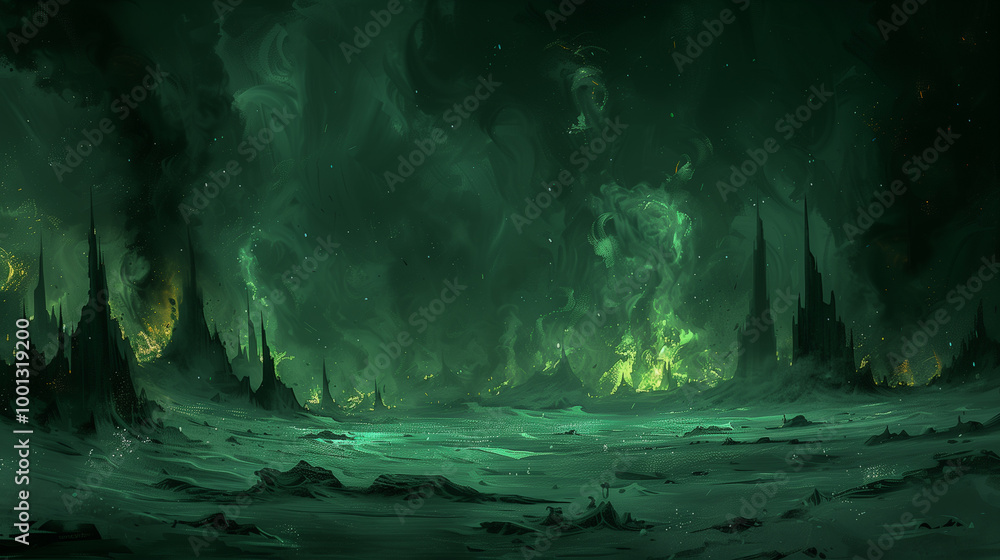Dark eerie landscape with glowing green fog and jagged spires.. Dark eerie landscape with glowing green fog and jagged spires..