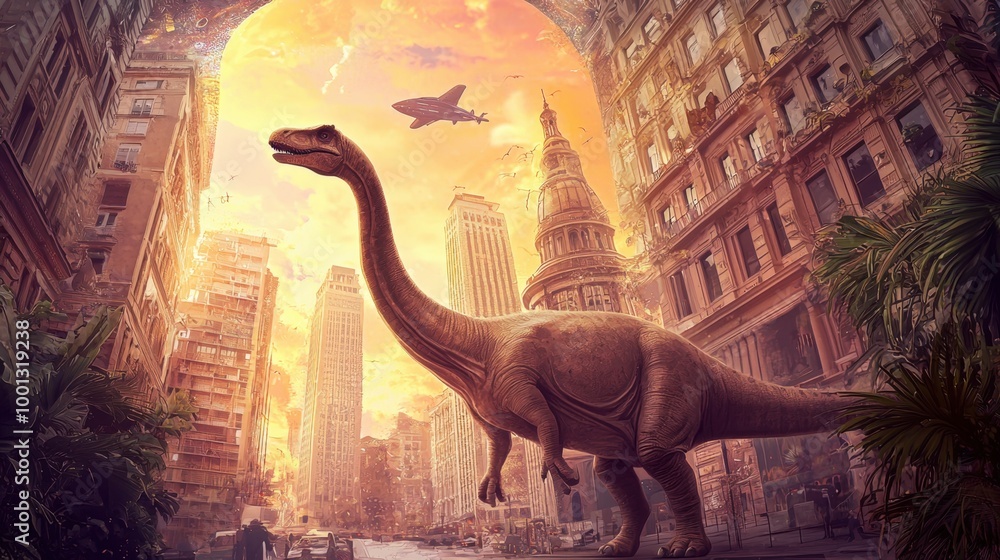 Obraz premium A colossal dinosaur roams the bustling urban landscape at sunset in a surreal cityscape