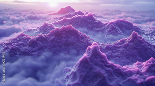 Surreal purple landscape of misty mountains at sunrise..