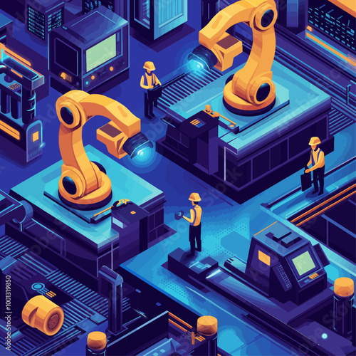 Collaborative Robots in Smart Factory, Isometric Illustration