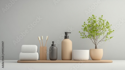 Minimalist Bathroom Setting With Toiletries and Potted Plant.