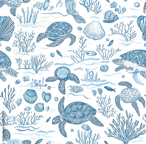 Light blue and white sea life  seamless pattern photo