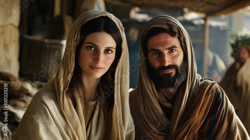  Mary and Joseph in the town of Nazareth, showcasing their peaceful life before the angel's visit photo