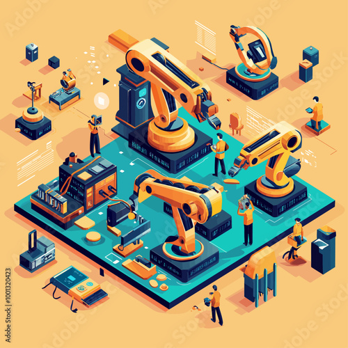 Collaborative Robots Teamwork Automation Isometric Illustration