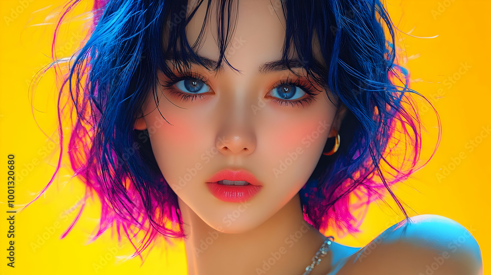 Blue and Pink Hair, Woman's Face, Close Up, Yellow Background, Portrait, Studio Lighting, Fashion, Beauty, Model Blue and Pink Hair, Woman's Face, Close Up, Yellow Background, Portrait, Studio Lighting, Fashion, Beauty, Model