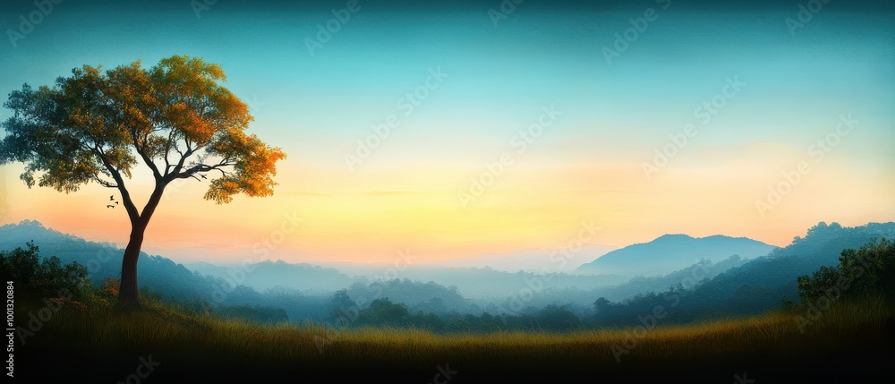 Fototapeta premium Peaceful Sunset Landscape with Majestic Tree and Mountain Range.