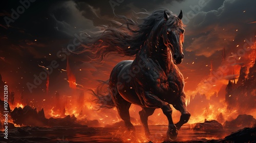 Beautiful black horse in red flames.