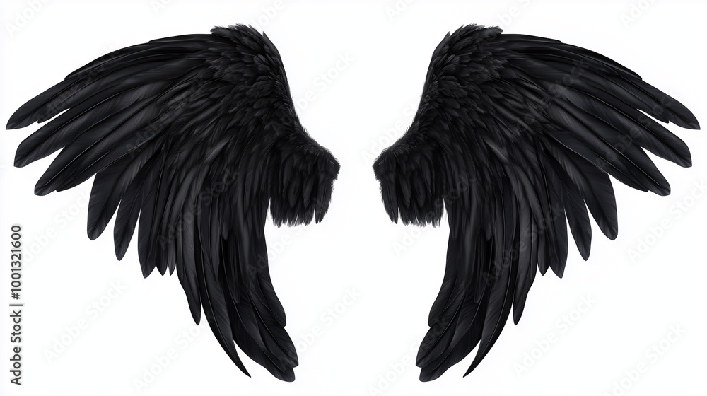 Obraz premium Realistic black angel wings isolated on solid white background. isolated on a solid white background. Illustrations 