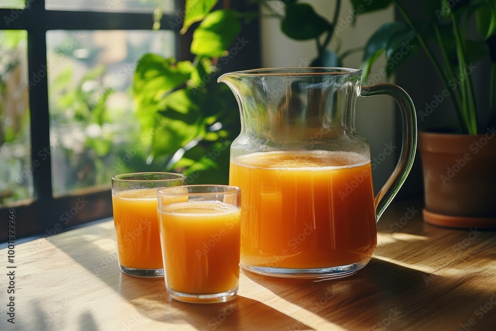 Fresh squeezed juice in a pitcher beside two glasses - generative ai Fresh squeezed juice in a pitcher beside two glasses - generative ai
