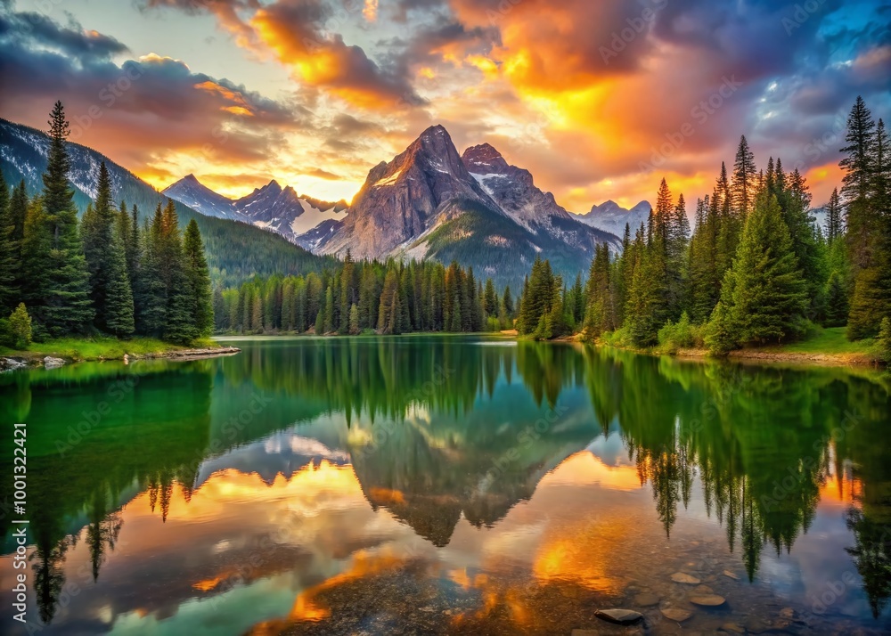 Vibrant sunset illuminates a serene mountain lake surrounded by lush greenery, reflecting majestic towering peaks in Vibrant sunset illuminates a serene mountain lake surrounded by lush greenery, reflecting majestic towering peaks in