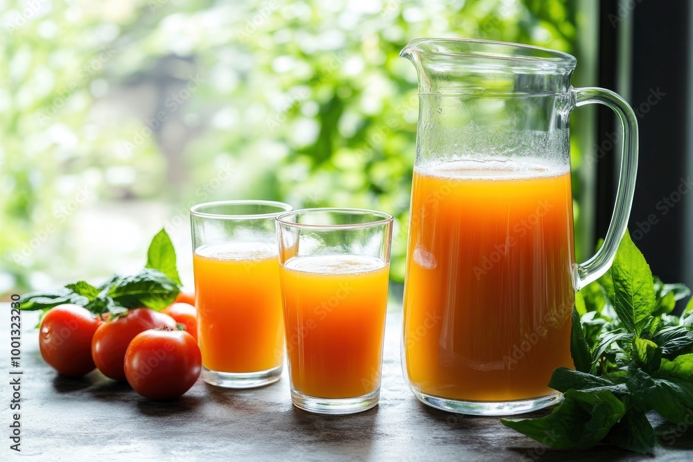 Fresh squeezed juice in a pitcher beside two glasses - generative ai Fresh squeezed juice in a pitcher beside two glasses - generative ai