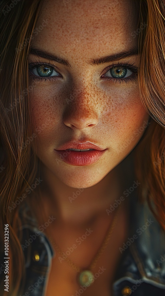 Close-Up Portrait of a Woman with Freckles and Green Eyes Close-Up Portrait of a Woman with Freckles and Green Eyes