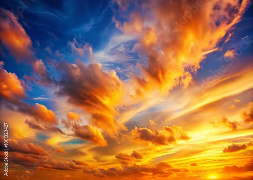 Vibrant sunset sky with soft, wispy clouds and warm golden hues, perfect for use as a serene and