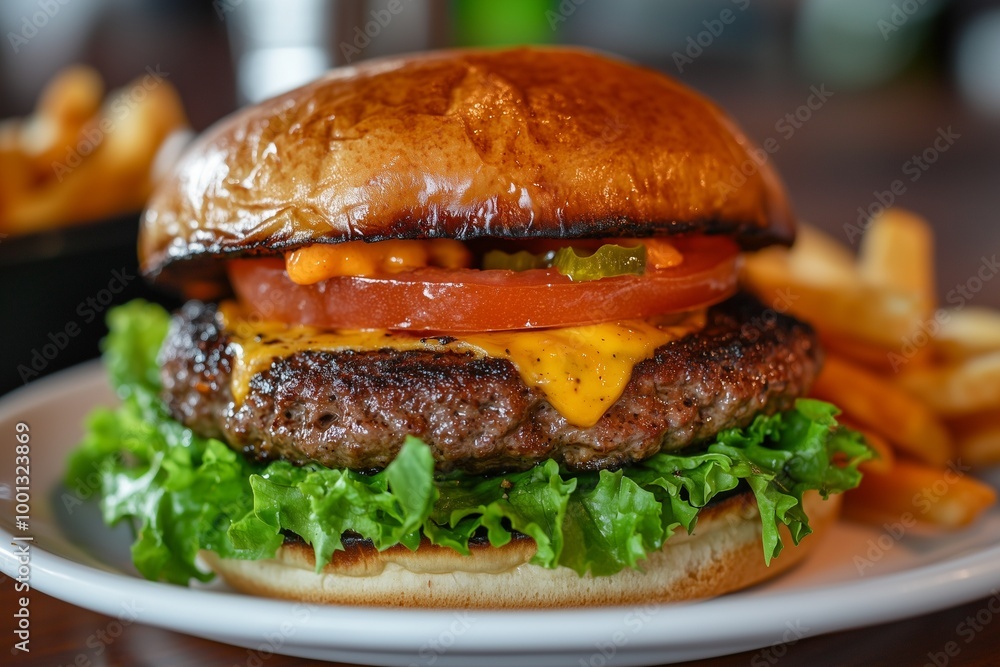 A close-up of a gourmet burger with lettuce, tomato, cheese, and a perfectly toasted bun on a white plate. A close-up of a gourmet burger with lettuce, tomato, cheese, and a perfectly toasted bun on a white plate.