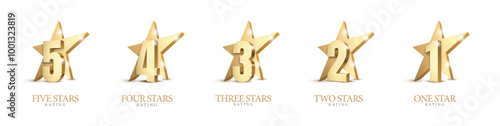 Set of Star Rating Symbols. 3D Golden Signs. Star Rating Emblems. Five Stars. Vector Illustration