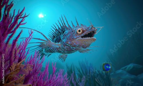 A vibrant underwater encounter with a spiky fish among colorful corals in a sunlit ocean