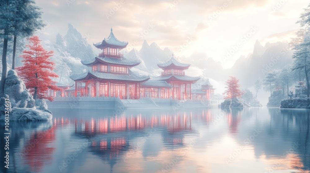 Serene landscape with traditional Asian architecture by a tranquil lake. Serene landscape with traditional Asian architecture by a tranquil lake.