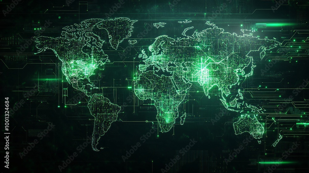 Digital world map with green circuit patterns Digital world map with green circuit patterns