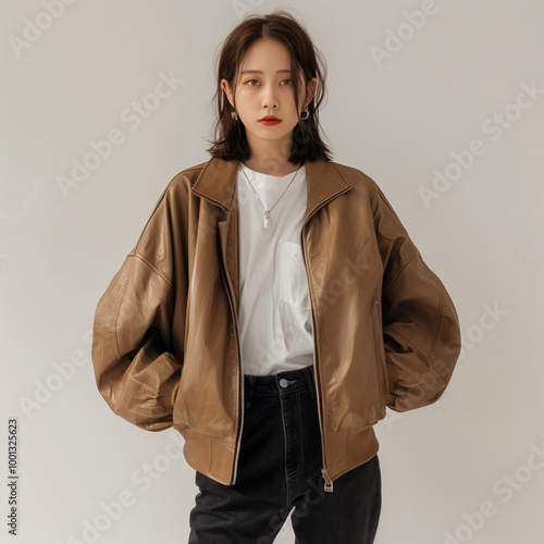 Casual fashion portrait of an Asian woman in a stylish brown bomber jacket