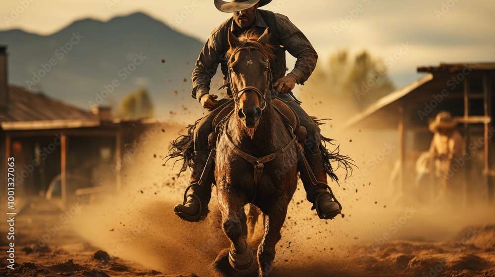 Cowboy riding a bucking bronco horse in a dusty rodeo arena. Cowboy riding a bucking bronco horse in a dusty rodeo arena.