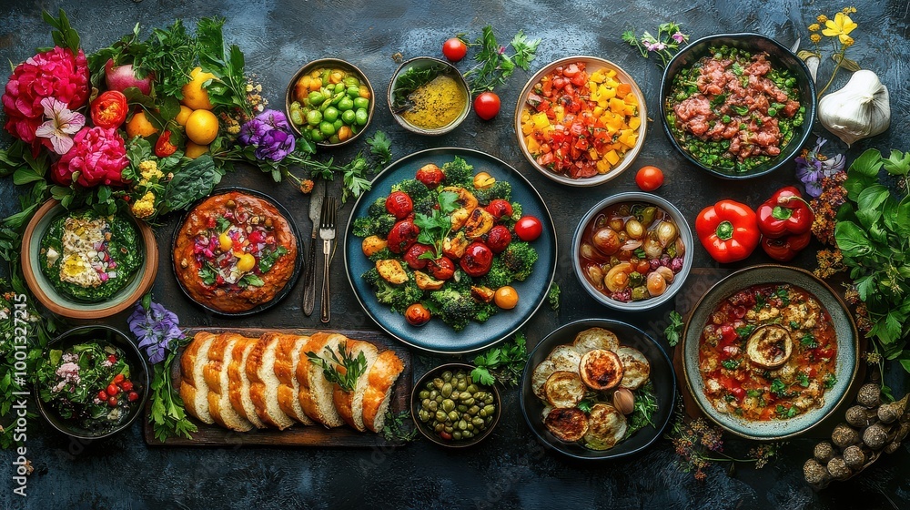 Fototapeta premium Vibrant Food Platters and Potted Plants on a Circular Table.