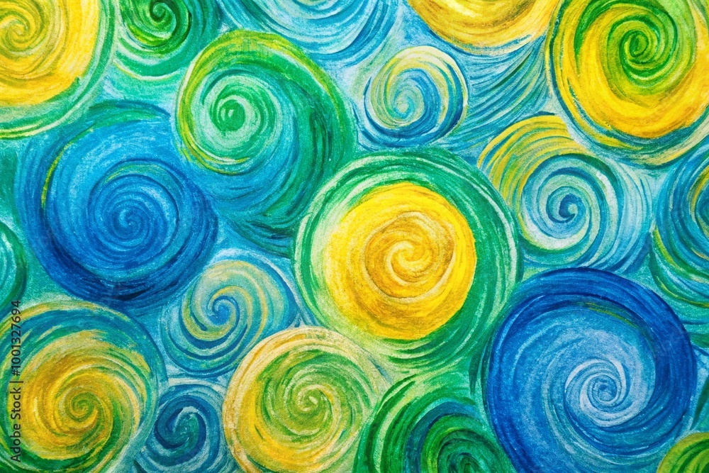 Vibrant, swirly crayon marks in shades of blue, green, and yellow create a whimsical, textured background with a Vibrant, swirly crayon marks in shades of blue, green, and yellow create a whimsical, textured background with a