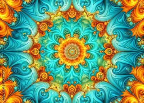 Vibrant swirls of turquoise, orange, and yellow hues merge in a mesmerizing abstract background, creating a