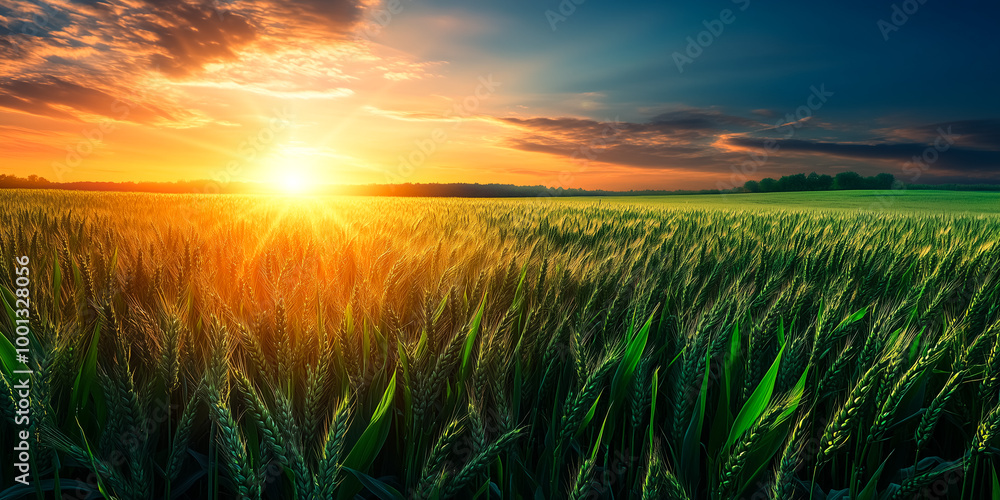 Fototapeta premium Uma vasta plantação de milho se estende ao horizonte sob a luz dourada do entardecer, com o sol se pondo lentamente atrás das nuvens tingidas de tons suaves no céu