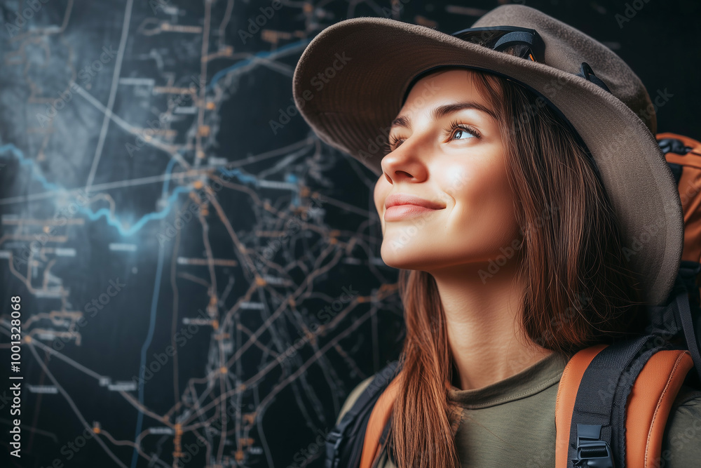 Portrait of a girl with backpack on map background, copyspace Portrait of a girl with backpack on map background, copyspace
