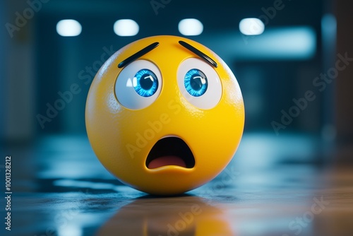 A confused emoji with raised brows and a tilted mouth, the yellow face's glossy finish reflecting cool lighting from above.