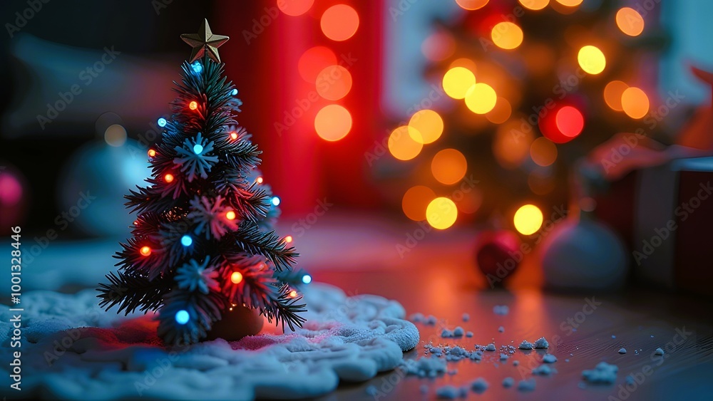 Christmas tree with decorations and lights on wooden background with bokeh Christmas tree with decorations and lights on wooden background with bokeh