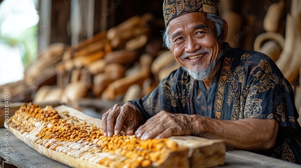 Elderly artisan crafts traditional items with skill and joy. Elderly artisan crafts traditional items with skill and joy.