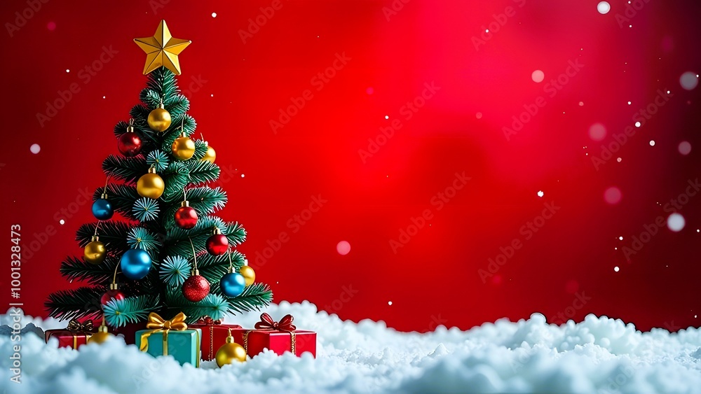 Christmas tree with decorations on snow and red background. Christmas tree with decorations on snow and red background.