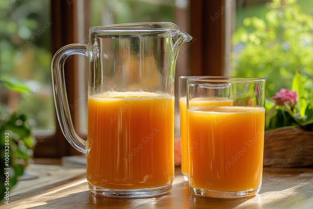 Fresh squeezed juice in a pitcher beside two glasses - generative ai Fresh squeezed juice in a pitcher beside two glasses - generative ai