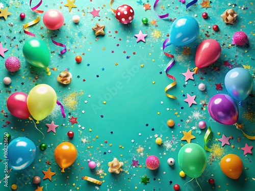 Vibrant turquoise background with dancing confetti, colorful balloons, and whimsical icons, creating a playful and photo