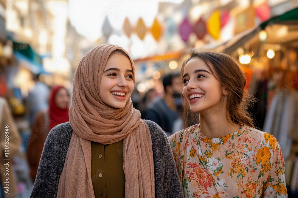 Two Young Women Smiling and Strolling in a Vibrant Market Two Young Women Smiling and Strolling in a Vibrant Market