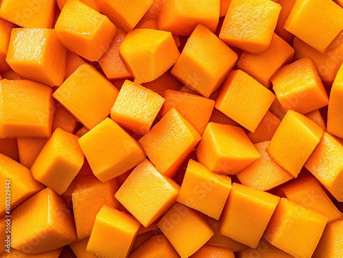 Fresh mango cubes, vibrant orange color. photo