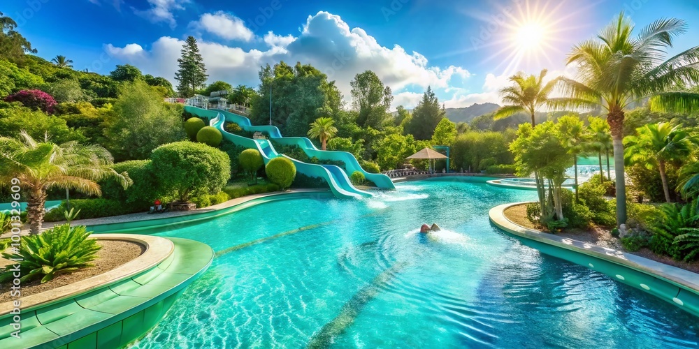 Obraz premium Vibrant turquoise wave pool sparkles under bright sunlight, surrounded by lush greenery and sleek water slides,