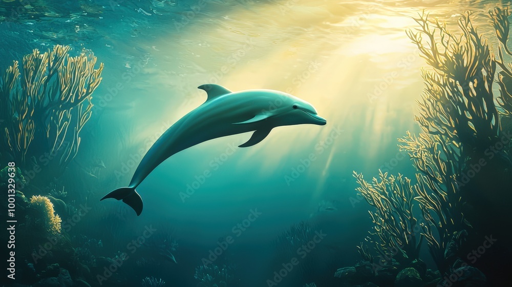 Fototapeta premium Graceful dolphin gliding through vibrant coral reefs in a sunlit underwater paradise