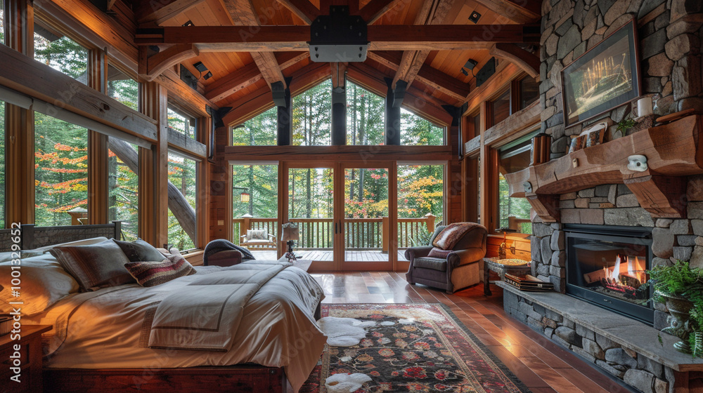 A spacious mountain lodge room, featuring large wooden beams and a stone fireplace, with a cozy armchair placed near a window overlooking the woods. A spacious mountain lodge room, featuring large wooden beams and a stone fireplace, with a cozy armchair placed near a window overlooking the woods.