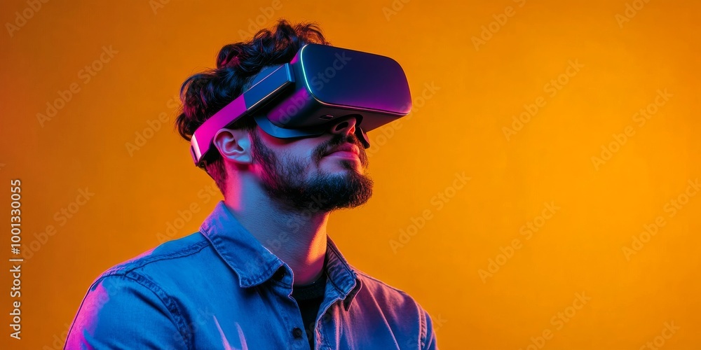 Immersed in Innovation: A young man, with a determined gaze, explores the boundless potential of virtual reality, captured in a vibrant, futuristic setting. Immersed in Innovation: A young man, with a determined gaze, explores the boundless potential of virtual reality, captured in a vibrant, futuristic setting.