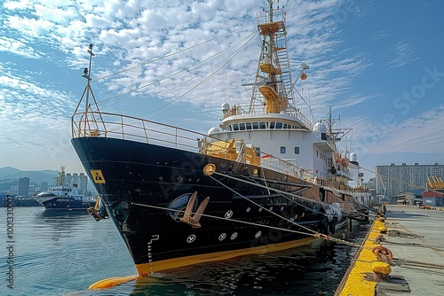 A large ship is docked at a pier