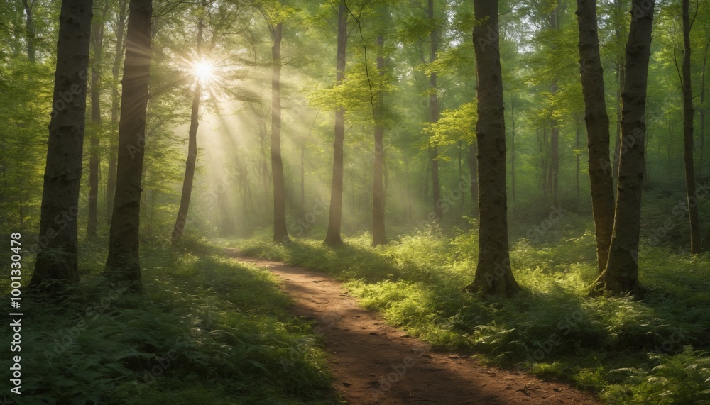 Fototapeta premium Sunlight filters through a tranquil forest during early morning, illuminating misty greenery and creating a peaceful atmosphere