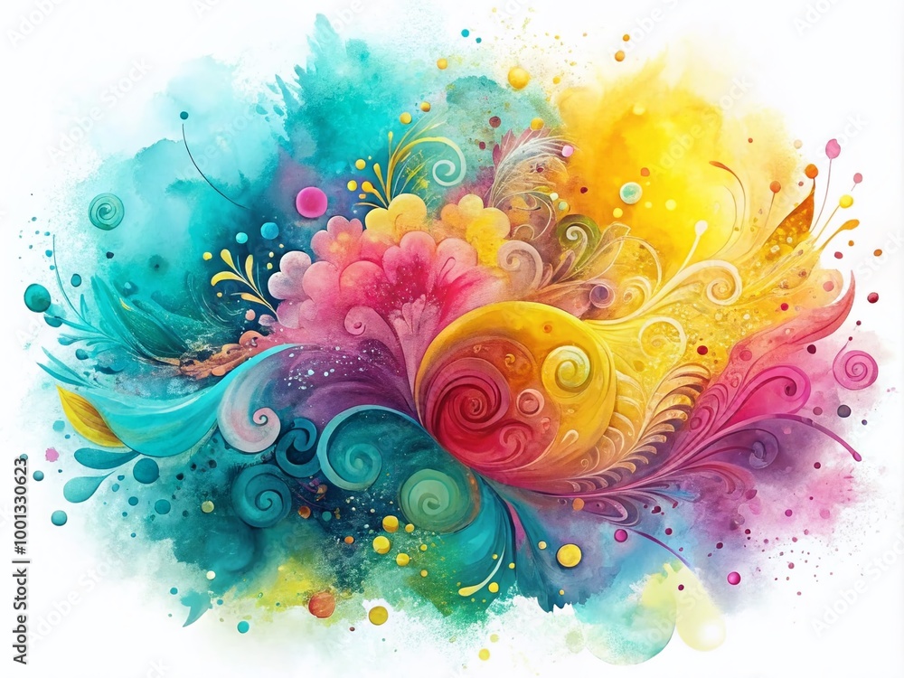 Vibrant watercolor splash with delicate, swirling patterns and abstract shapes in shades of turquoise, pink, and Vibrant watercolor splash with delicate, swirling patterns and abstract shapes in shades of turquoise, pink, and
